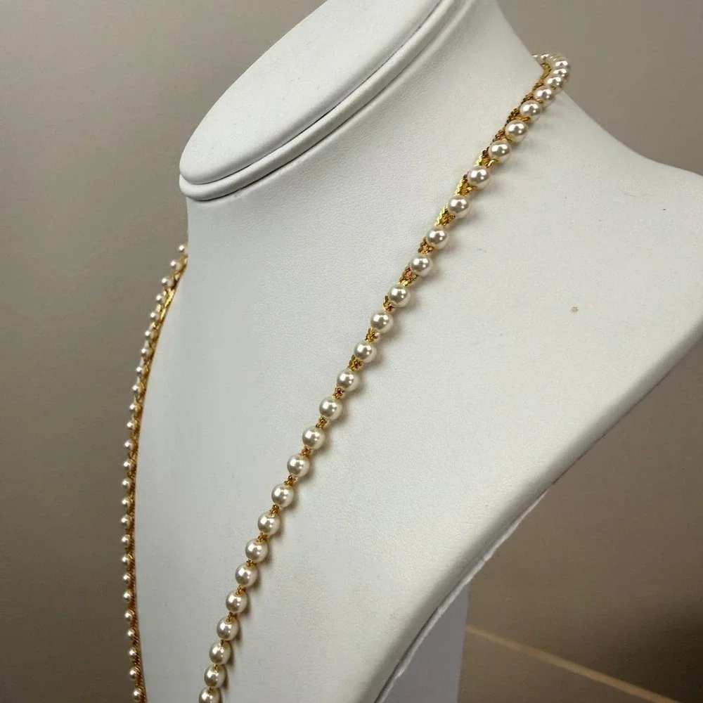 Napier Gold Tone Necklace Faux Pearl Double Strand Rope Chain Vintage Style
